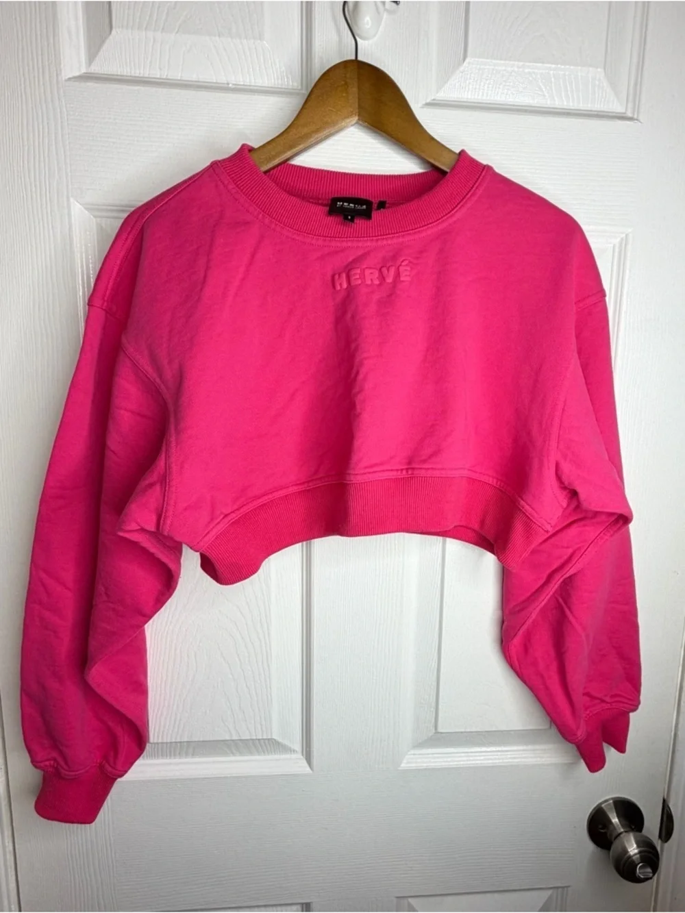 Herve Leger Women’s Small Pink Cropped Logo Sweatshirt S Long Sleeve Pullover